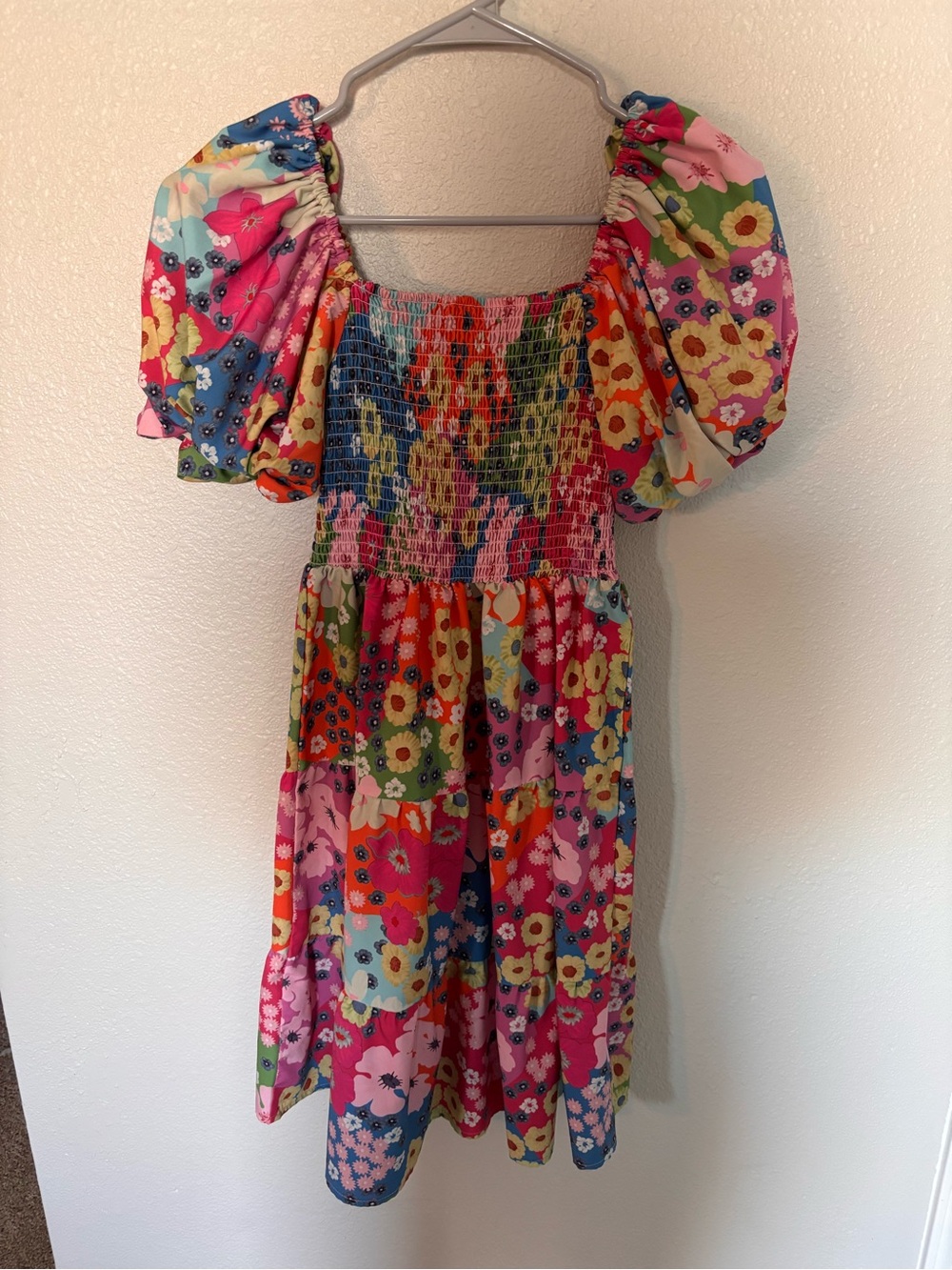 Amazon Multicolor Floral Puff-Sleeve Mini Dress - Pink, Blue, Green, Yellow